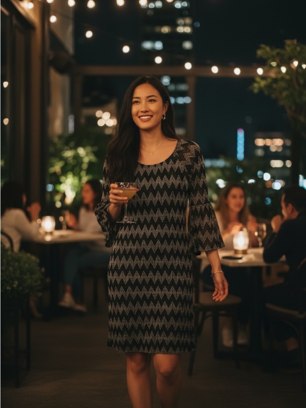 Lily Black Zigzag Midi Dress with Silver Pattern